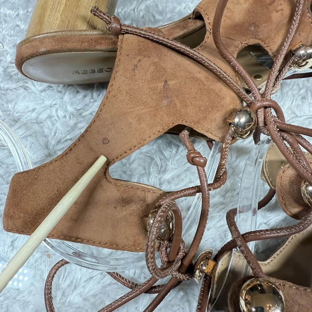 Rebecca Minkoff Shoes Womens Size 6M Brown Suede Lace Up Heels Gold Studs Block